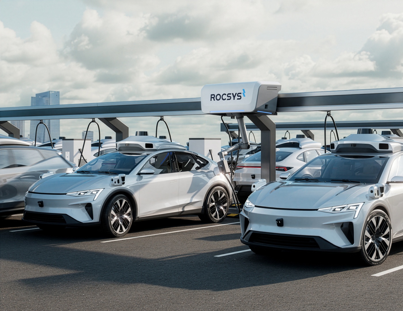 Elektroautos laden automatisch an einer Rocsys Roboter-Ladestation.
