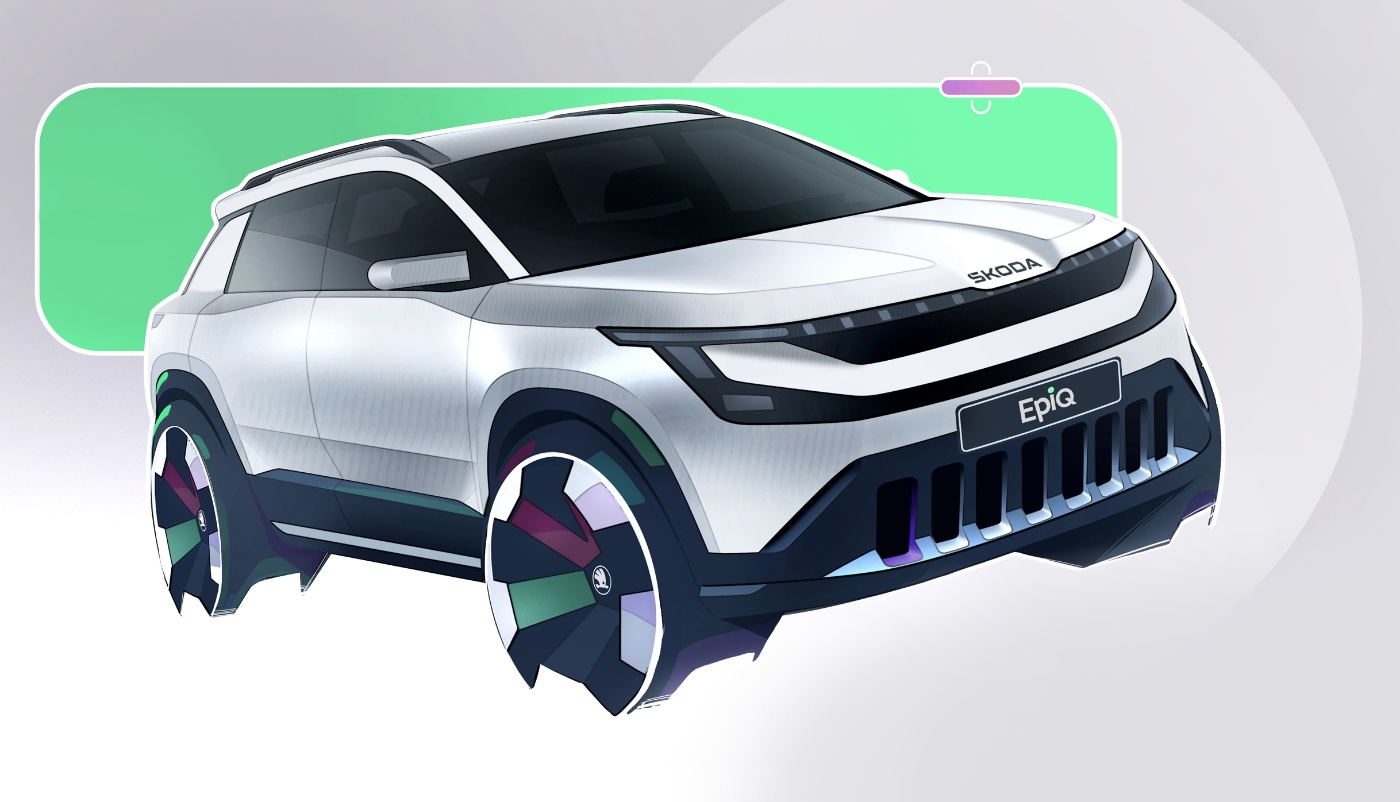 Škoda Epiq electric SUV concept with modern grille and large wheels.