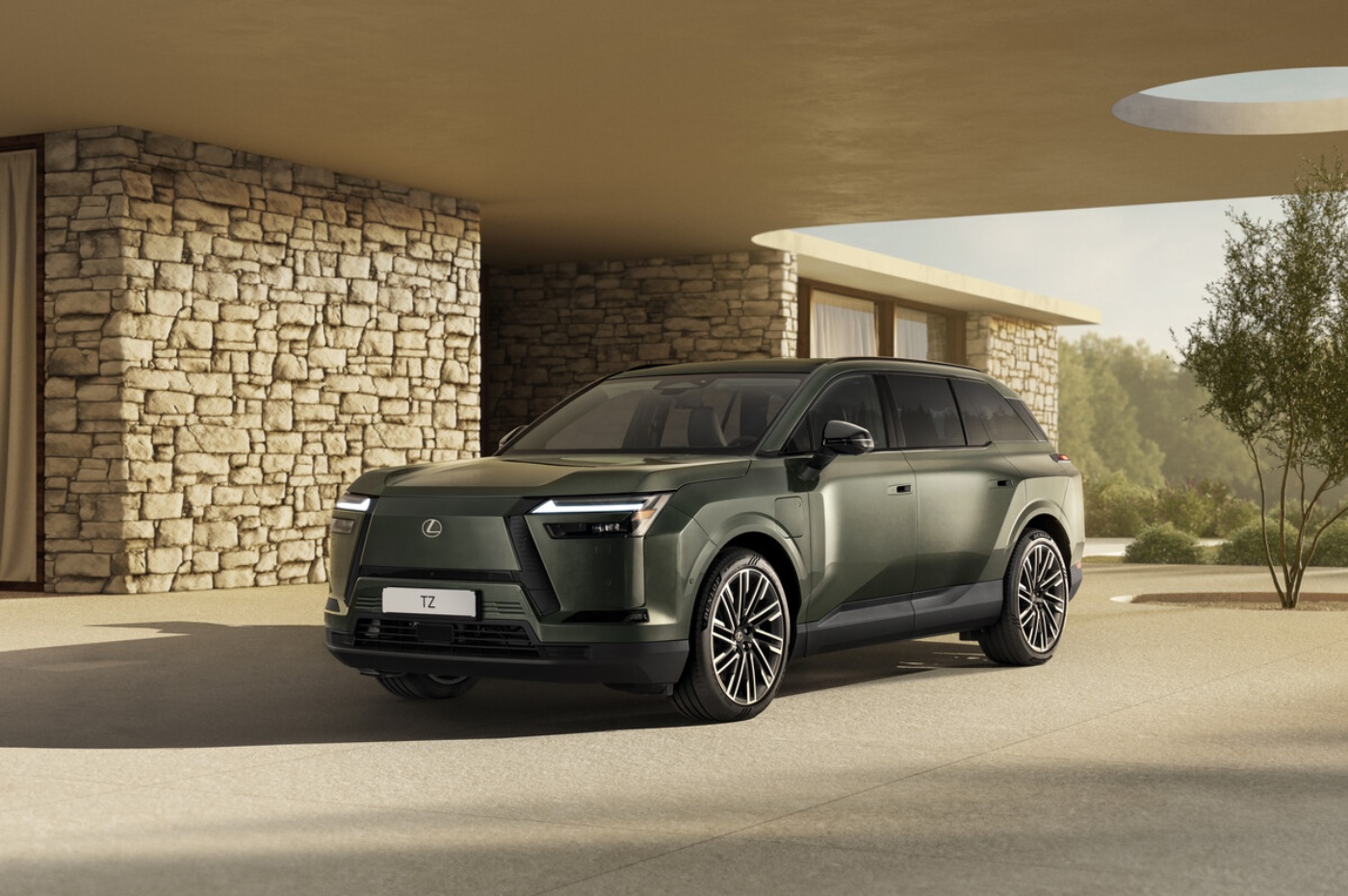 Green Toyota electric SUV parked in front of a modern house.