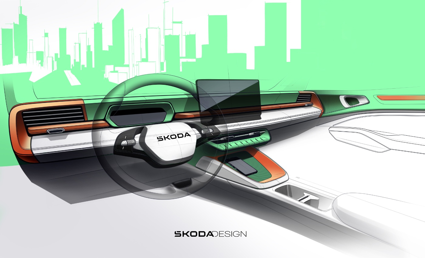 Škoda Epiq interior concept with steering wheel and central touchscreen.