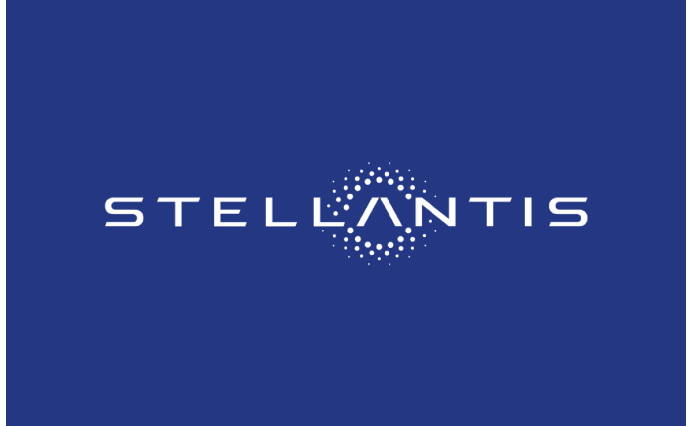 Stellantis logo in white on a blue background.