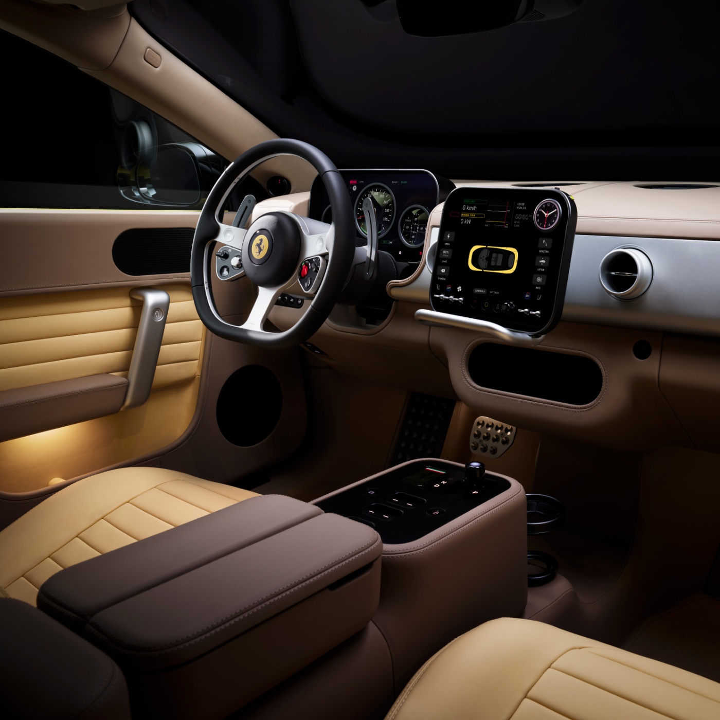 Innenraum eines Ferrari mit digitalem Cockpit und Touchscreen.