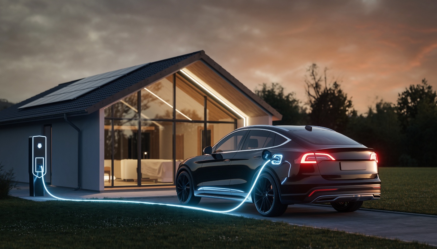 Elektroauto lädt an Wallbox vor modernem Haus in der Dämmerung.
