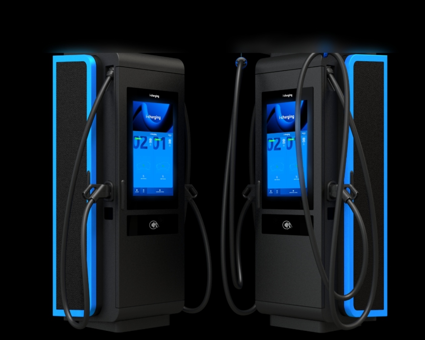Zwei Ladesäulen für Elektrofahrzeuge mit Display und Kabeln.