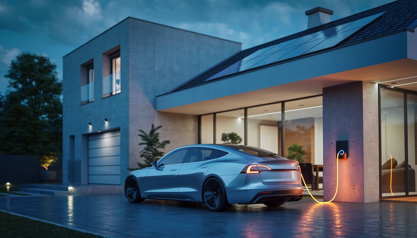 Elektroauto lädt an Wallbox vor modernem Haus bei Nacht.