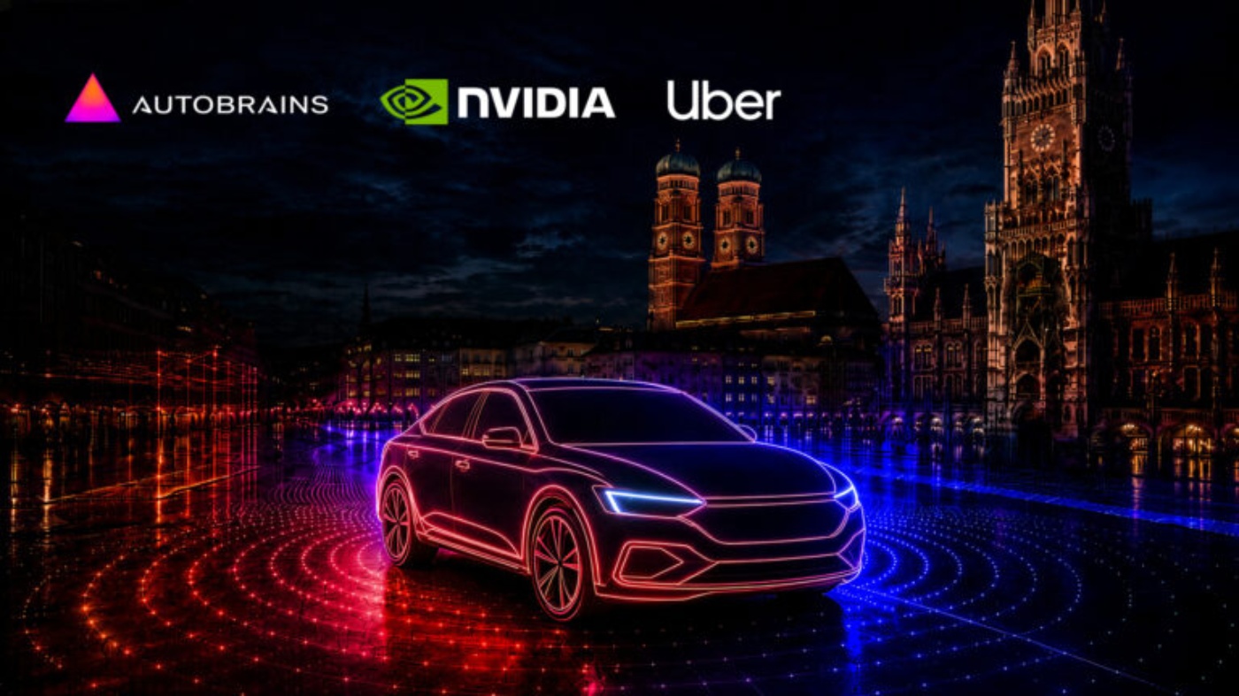 Neonbeleuchtetes Auto mit Autobrains, NVIDIA und Uber Logos vor Stadtkulisse.