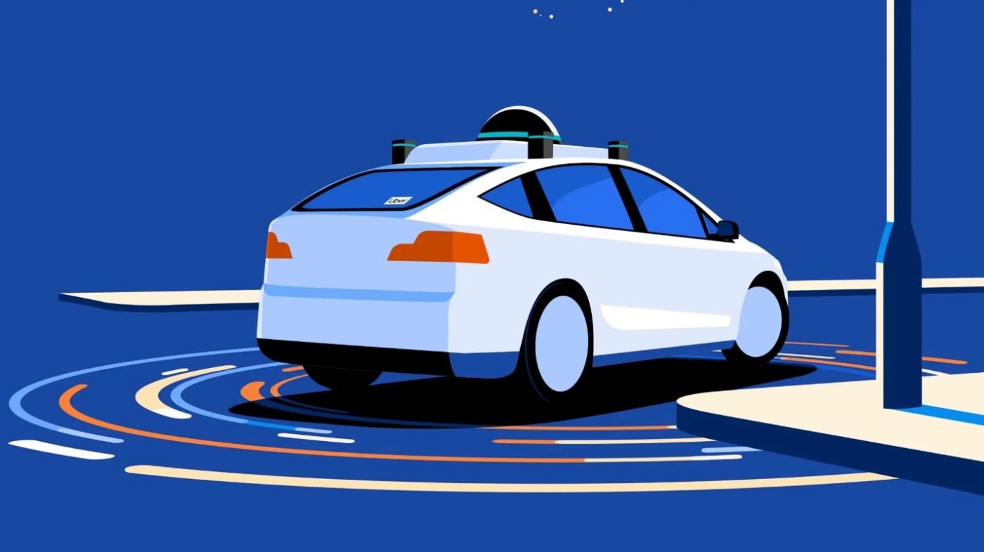 Illustration eines autonomen Autos mit Sensoren nahe Ladesäule.