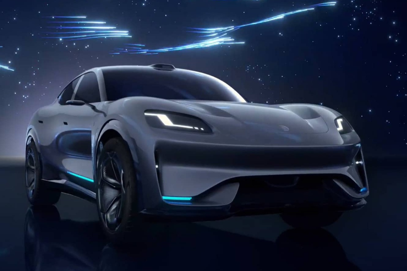 Seres electric sedan in dark blue setting with illuminated light accents.