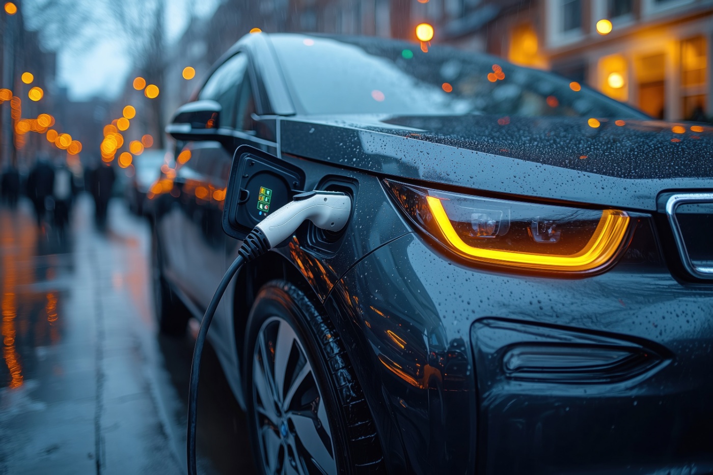 Electric car charging on a rainy city street at night with glowing headlights.
