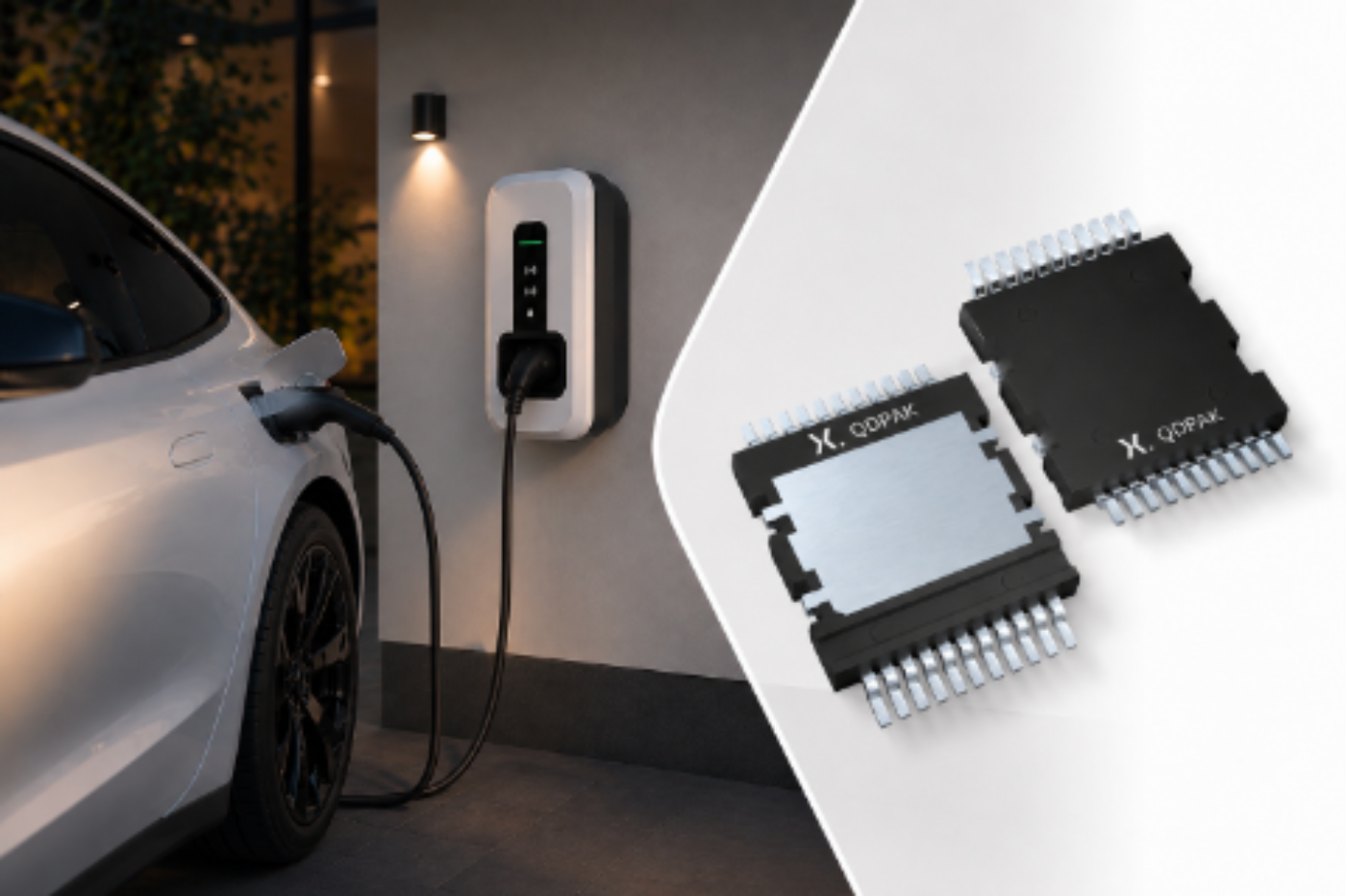Electric car charging beside a wall charger and two Nexperia chips.
