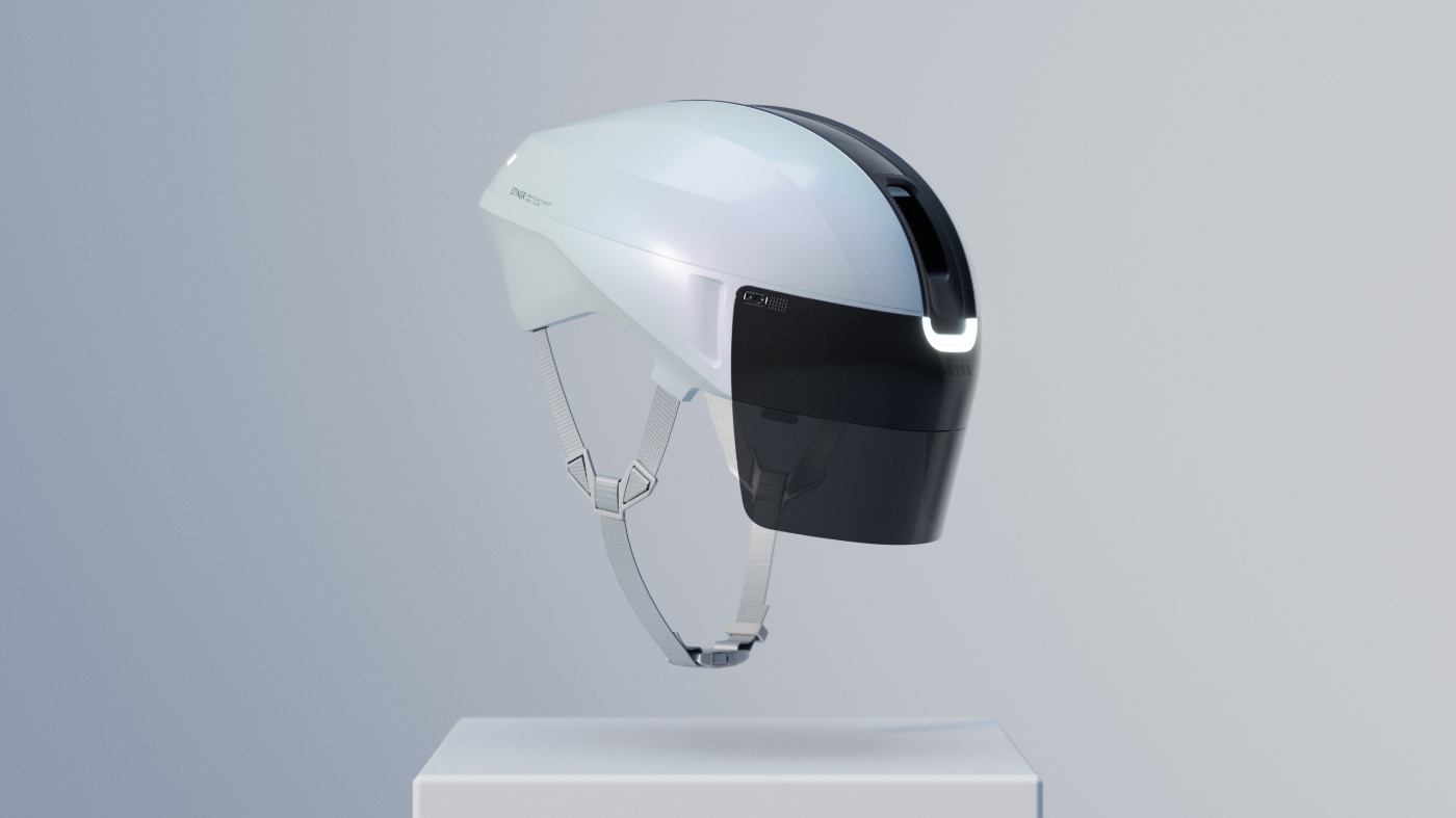 Weißer Canyon Fahrradhelm mit dunklem Visier auf einem Präsentationssockel.