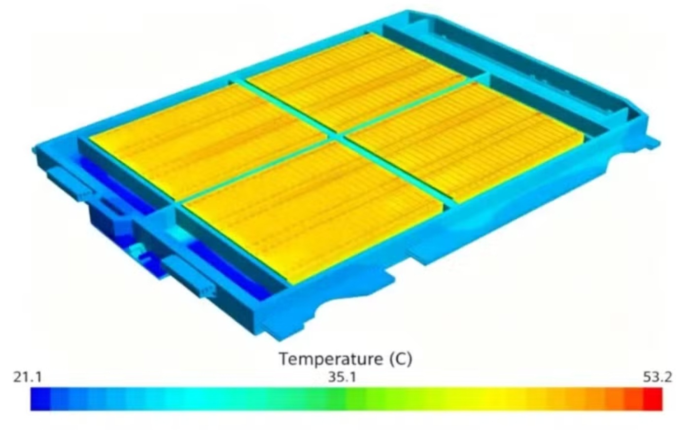 FAW Hongqi battery pack with a thermal simulation showing temperature distribution.