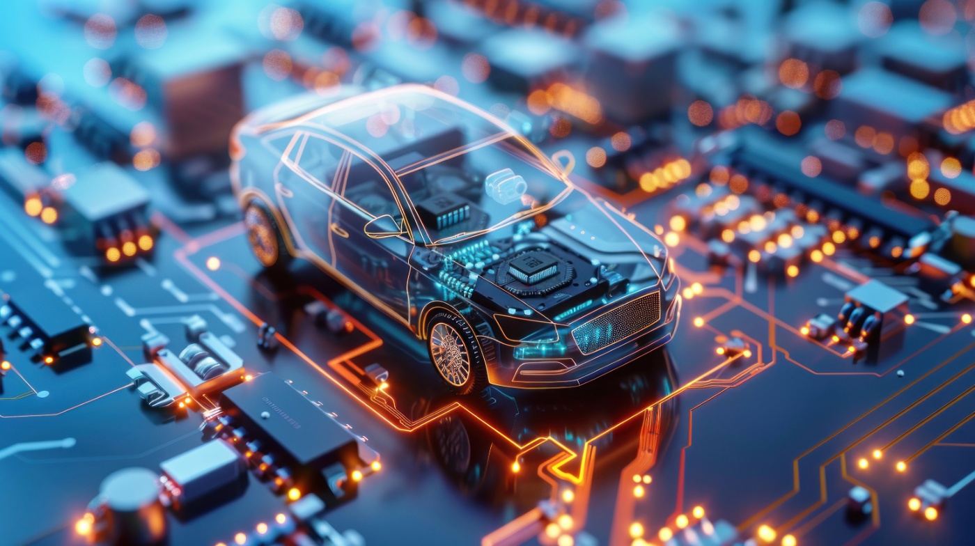Digitale Darstellung eines vernetzten Autos auf einer Leiterplatte.