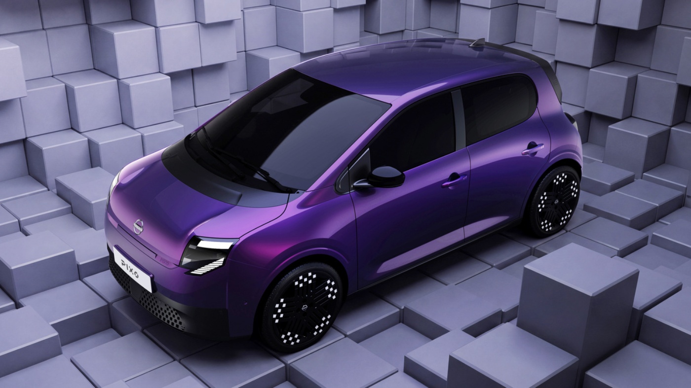 Purple Nissan Micra among geometric blocks, shown from an elevated front view.