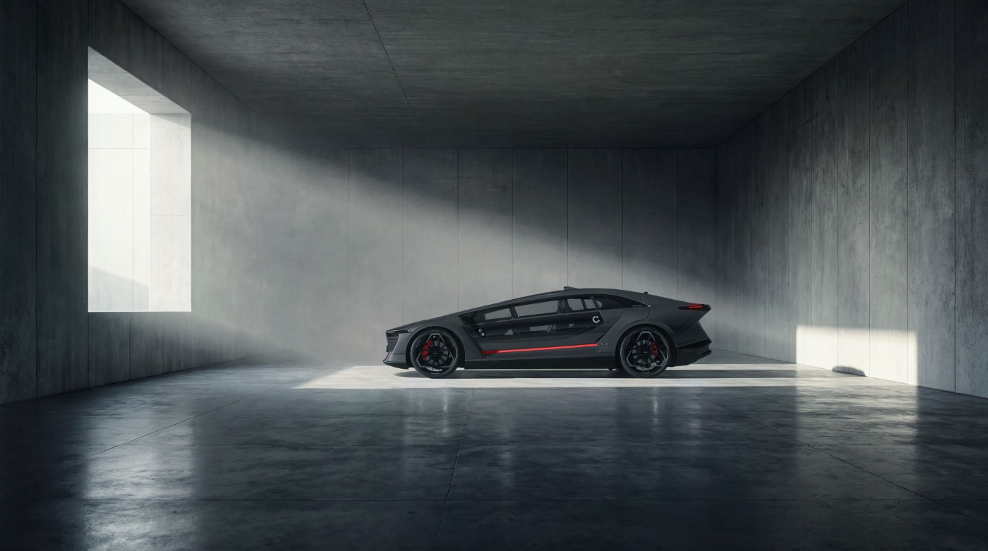 Black Ceer concept car in side view inside a minimalist concrete hall.