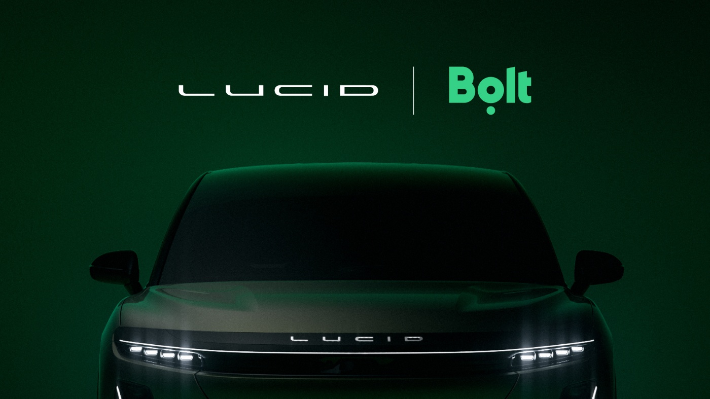Front view of a Lucid vehicle announcing a partnership with Bolt.