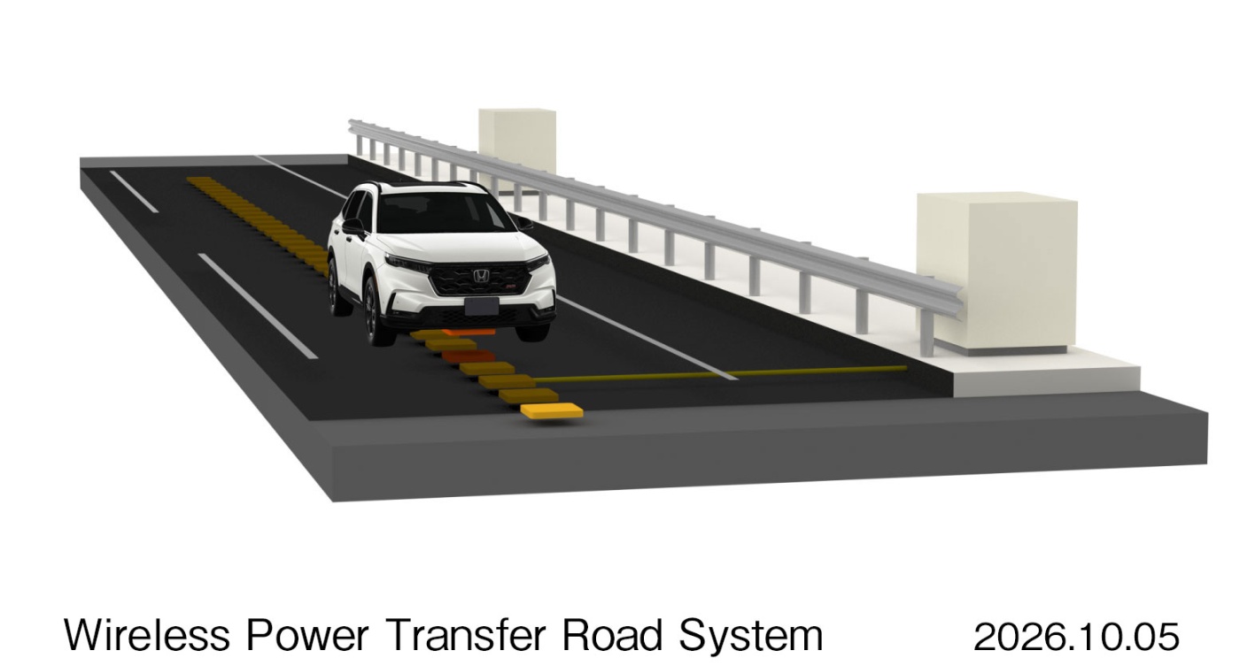 3D-Grafik eines Honda-SUVs, der über kabellose Ladeeinheiten in der Fahrbahn fährt.