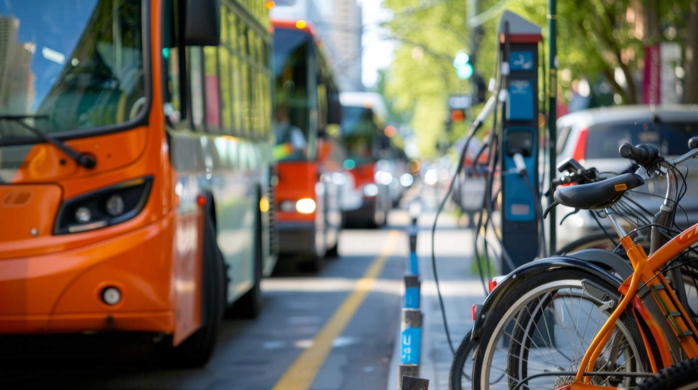 Orange city bus driving past parked bicycles and a bicycle rental station on a busy street.