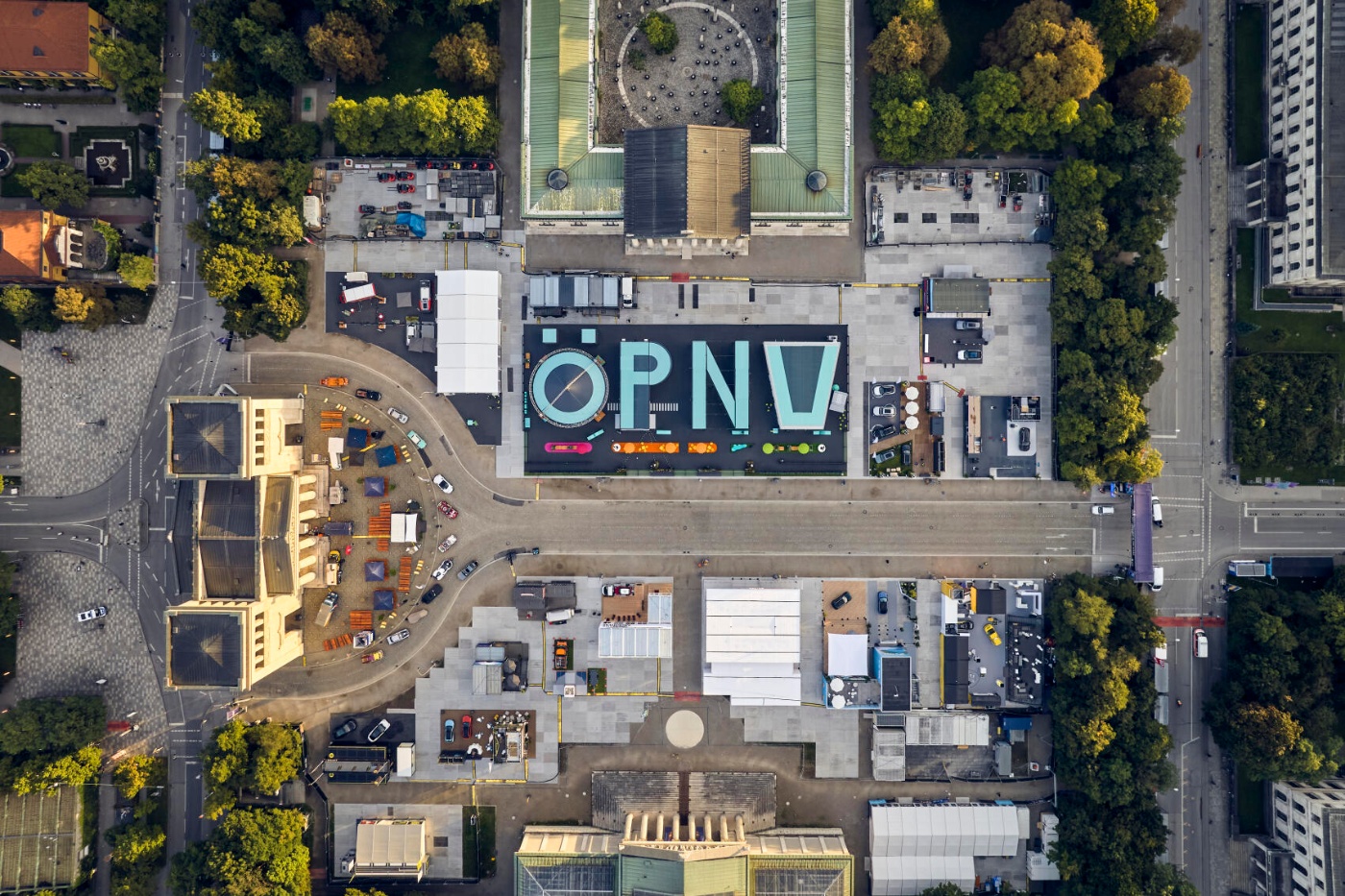 Aerial view of the IAA MOBILITY 2025 exhibition area with the large ÖPNV lettering in the city center.