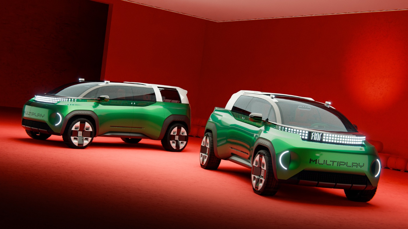 Zwei grüne Fiat-Konzeptautos mit weißen Dächern vor rotem Hintergrund.