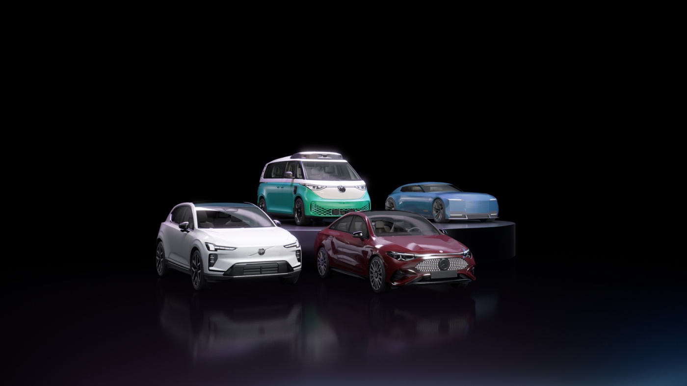 Four cars from different manufacturers arranged together against a black background, representing NVIDIA.