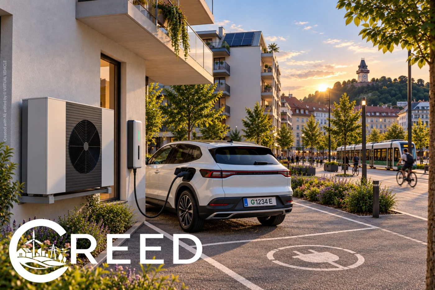 White electric SUV charging outside a residential building with a CREED charging station.