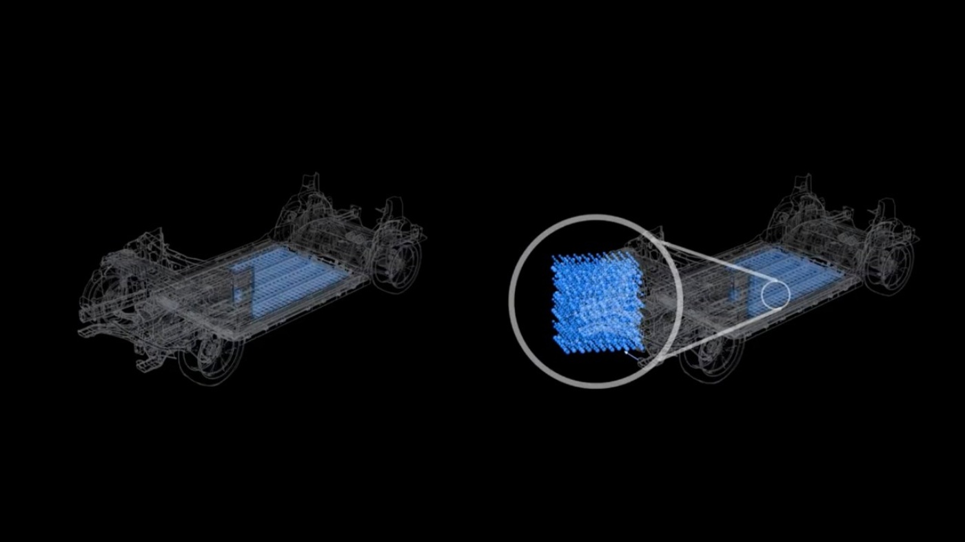 Two digital 3D point cloud visualizations of a vehicle sensor system, with a highlighted detection area.