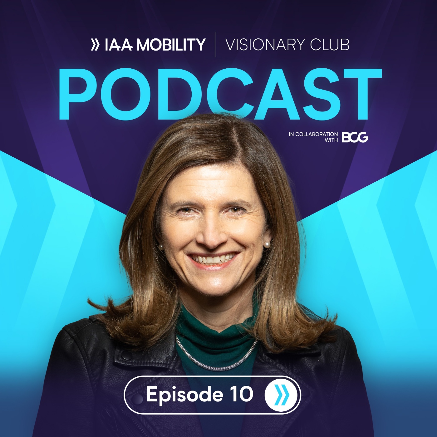 Podcast cover of "IAA Mobility Visionary Club" Episode 10 featuring guest Dr. Karen Langona, with the title prominently displayed on a blue and purple background.