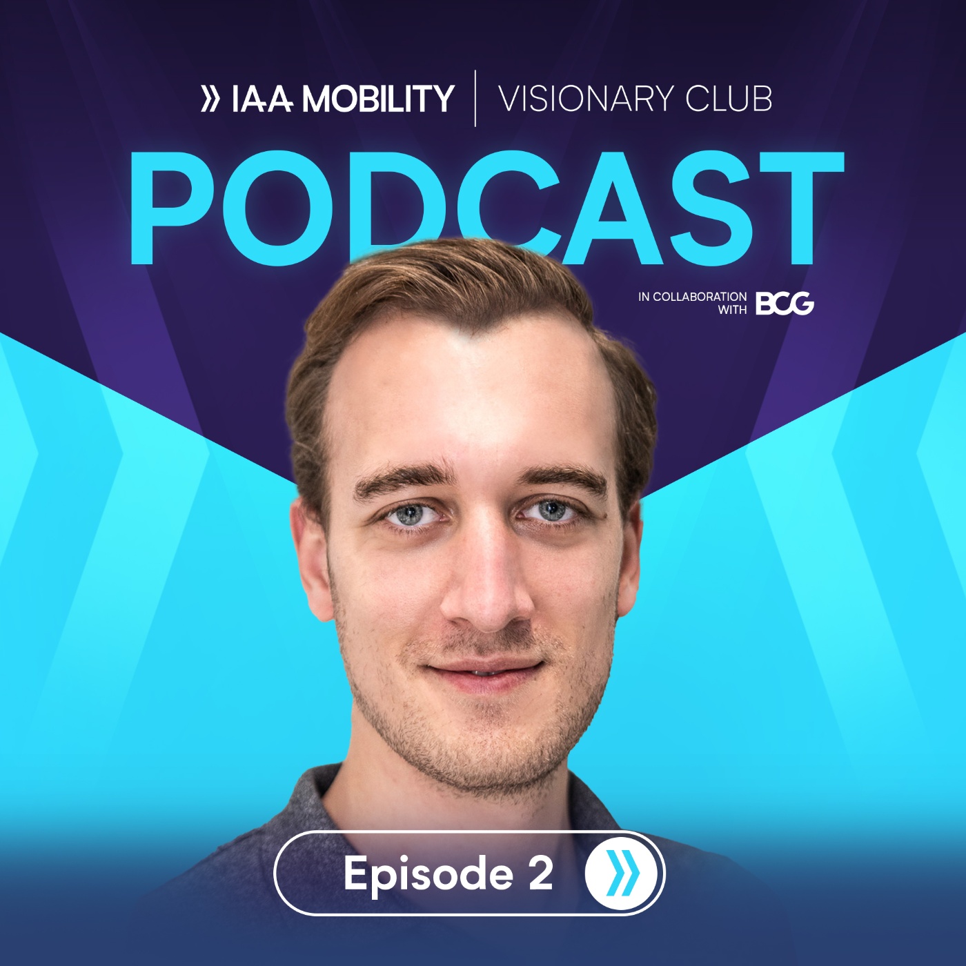 Podcast cover of "IAA Mobility Visionary Club" Episode 2 featuring guest Felix Poernbacher, with the title prominently displayed on a blue and purple background.