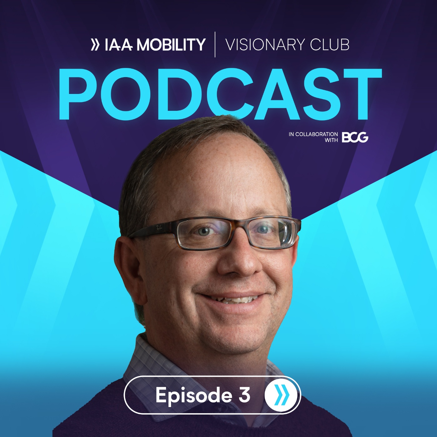 Podcast cover of "IAA Mobility Visionary Club" Episode 3 featuring guest Scott Shepard, with the title prominently displayed on a blue and purple background.