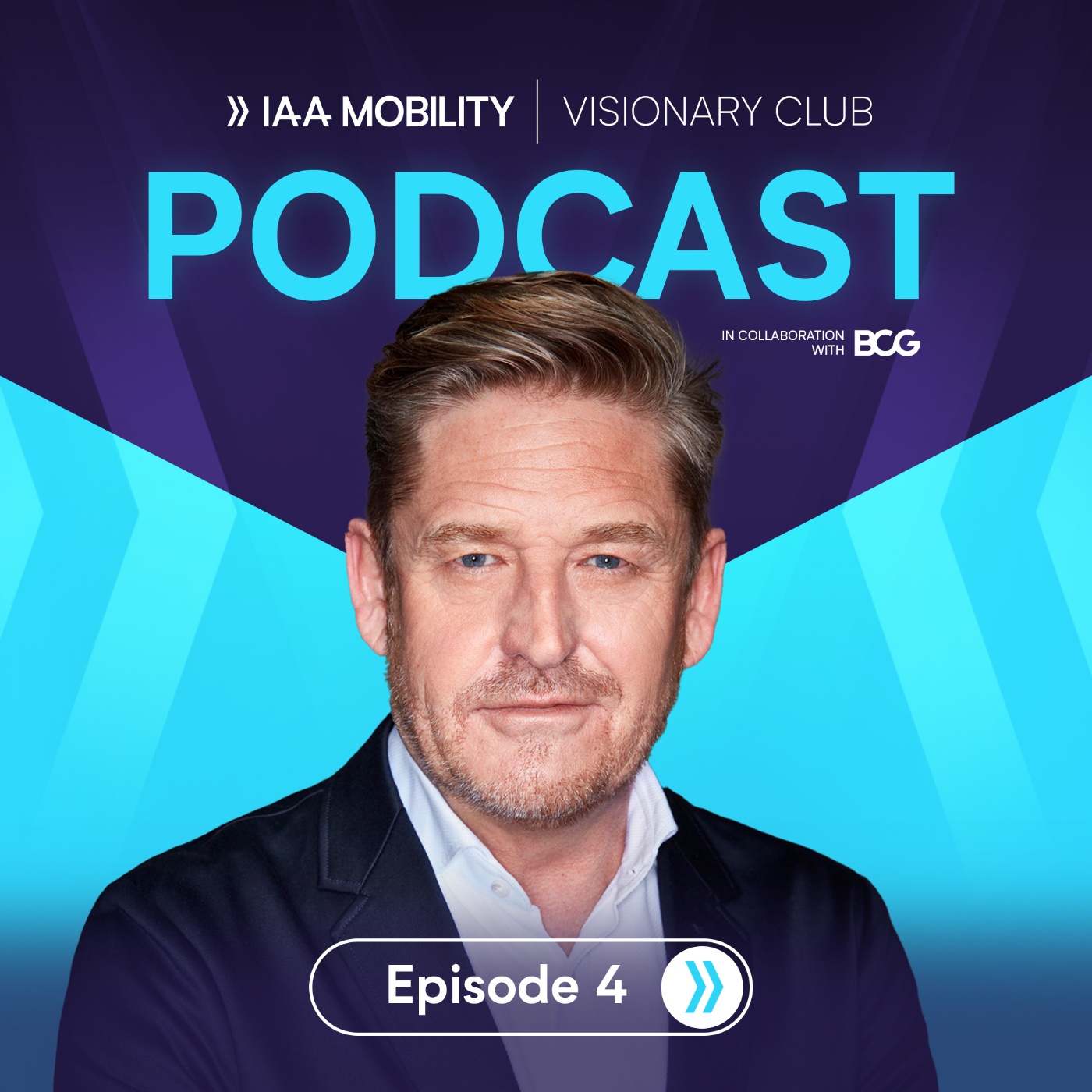 Podcast-Cover des „IAA Mobility Visionary Club“, Folge 4, mit dem Interview-Gast Wayne Griffiths vor blau-lila Hintergrund und gut sichtbarem Titel.