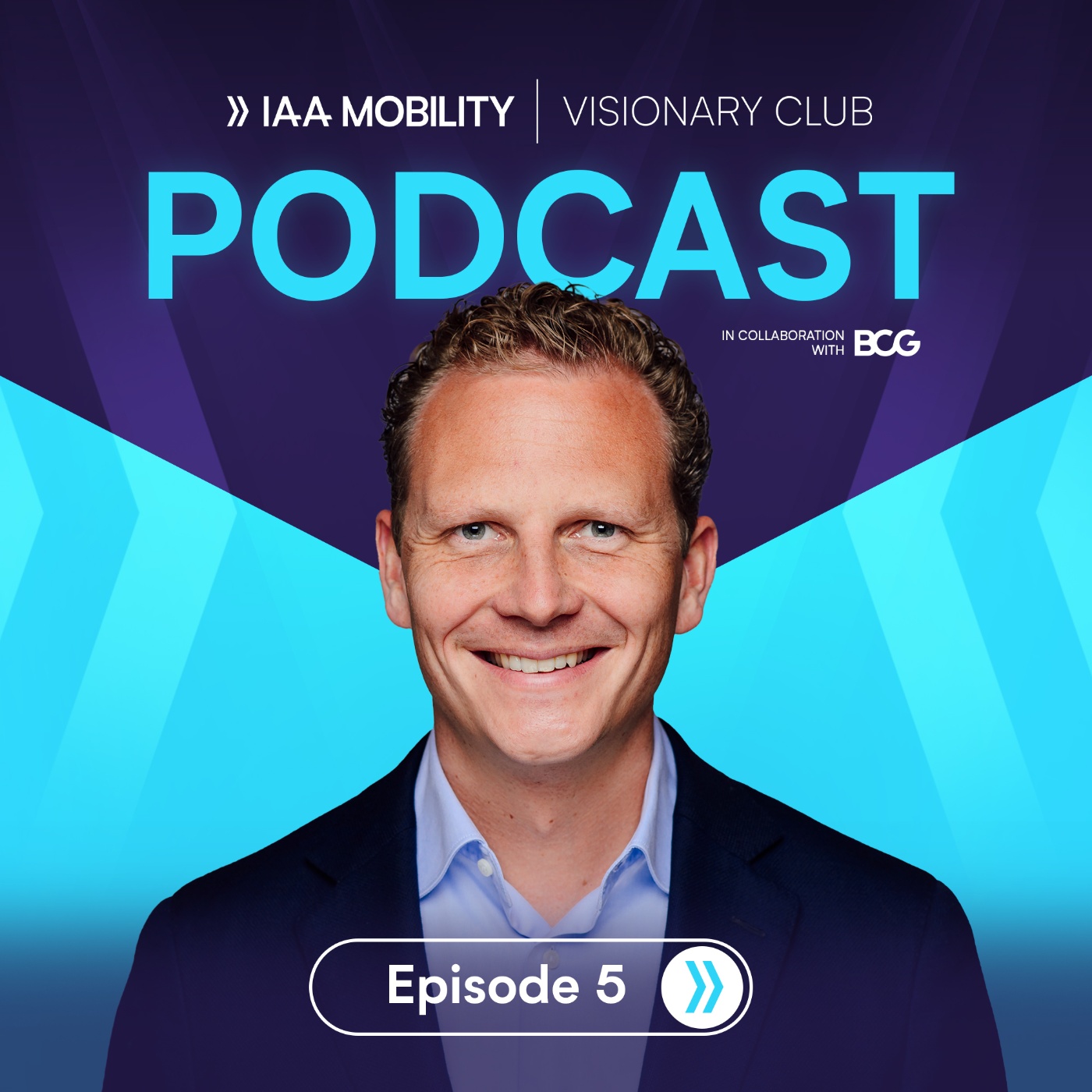 Podcast cover of "IAA Mobility Visionary Club" Episode 5 featuring guest Philippe van den Berge, with the title prominently displayed on a blue and purple background.
