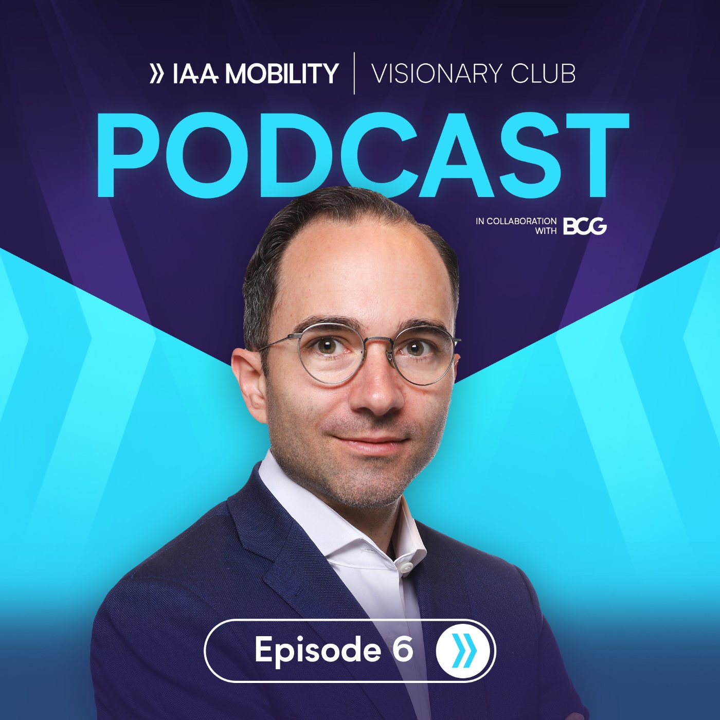 Podcast cover of "IAA Mobility Visionary Club" Episode 6 featuring guest Albert Waas, with the title prominently displayed on a blue and purple background.