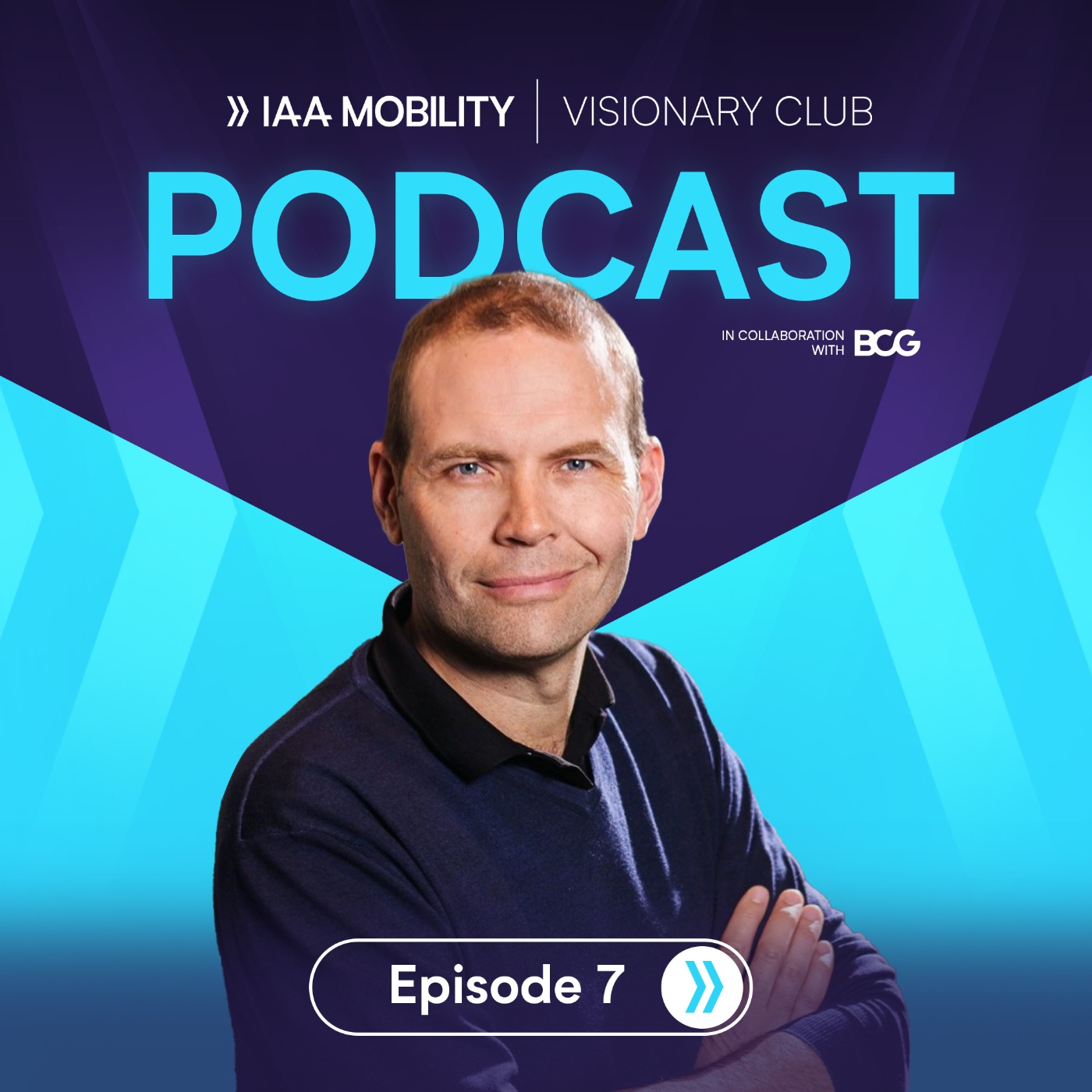 Podcast-Cover des „IAA Mobility Visionary Club“, Folge 7, mit dem Interview-Gast Magnus Östberg vor blau-lila Hintergrund und gut sichtbarem Titel.