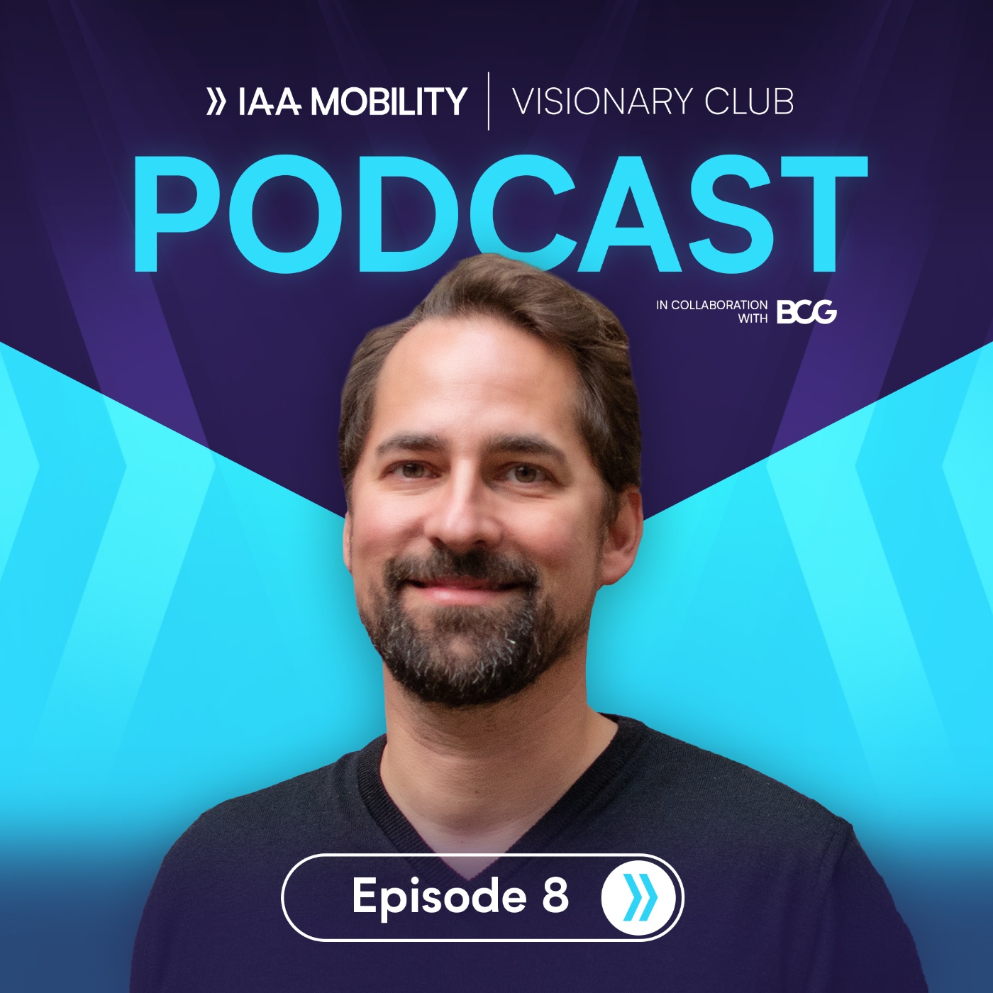Podcast-Cover des „IAA Mobility Visionary Club“, Folge 8, mit dem Interview-Gast Thomas Drewes vor blau-lila Hintergrund und gut sichtbarem Titel.