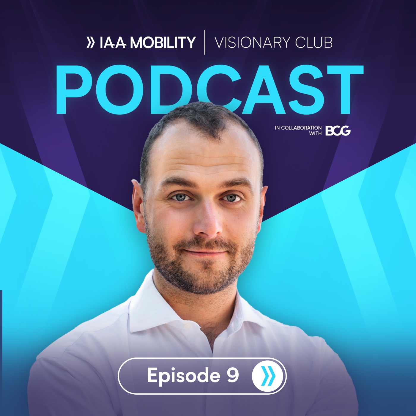Podcast cover of "IAA Mobility Visionary Club" Episode 9 featuring guest Vojtech Vosecky, with the title prominently displayed on a blue and purple background.