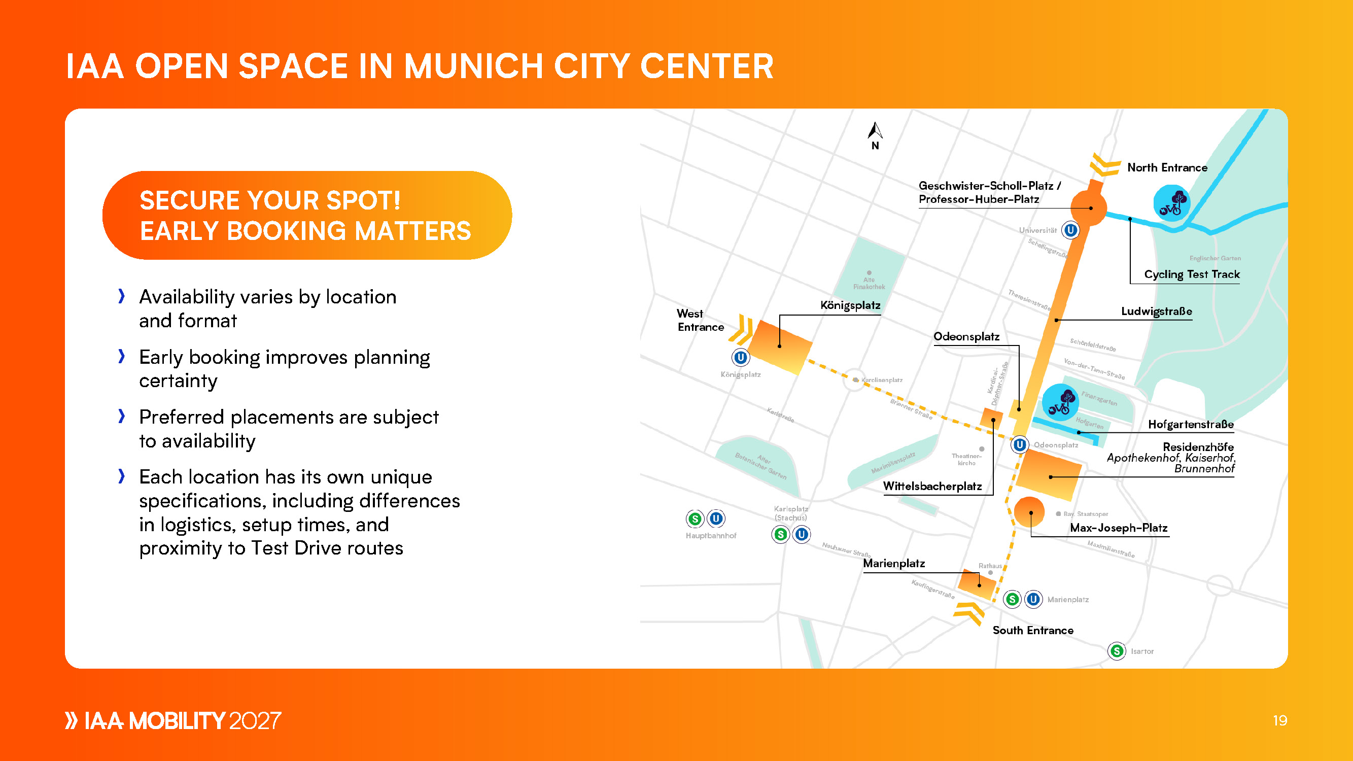 Map of IAA Open Space locations in Munich city center with entrances and test track.