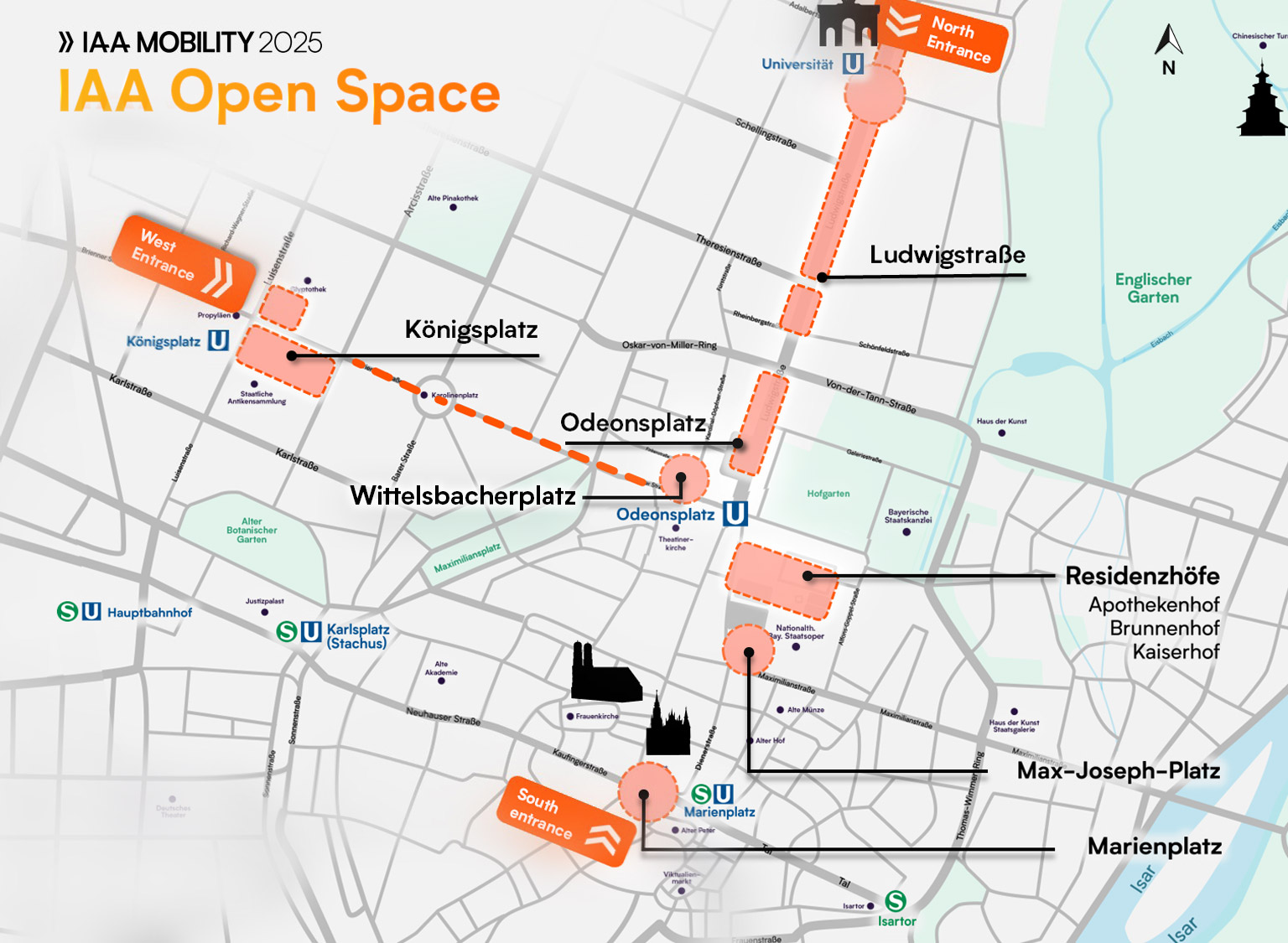 Map of the IAA Open Space 2025 in Munich showing event areas from Königsplatz to Marienplatz, with marked entrances at West, North, and South, and highlighted locations like Odeonsplatz and Max-Joseph-Platz.