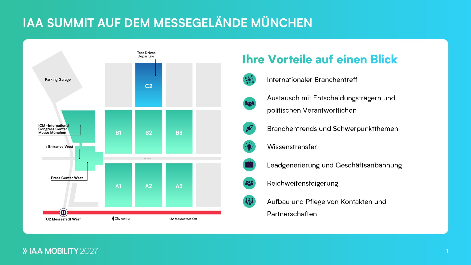 Lageplan des IAA Summit mit markierter Halle C2 und den wichtigsten Vorteilen.