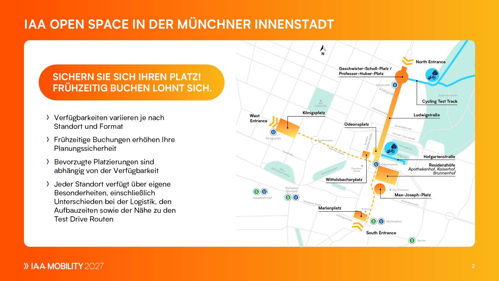Lageplan des IAA Open Space mit Standorten und Eingängen in der Münchner Innenstadt.