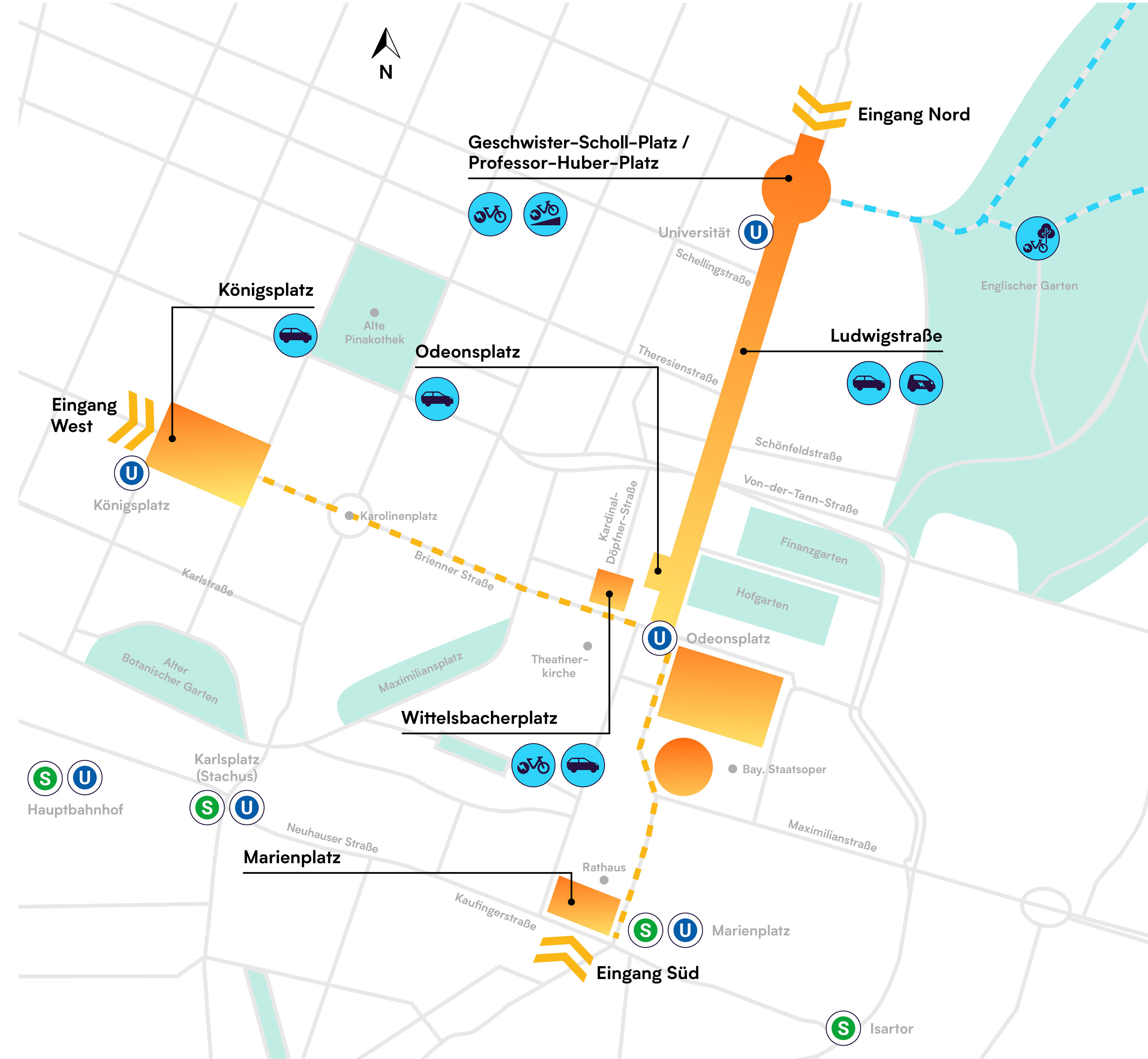 Stadtkarte der Münchner Innenstadt mit IAA Experience Hotspots