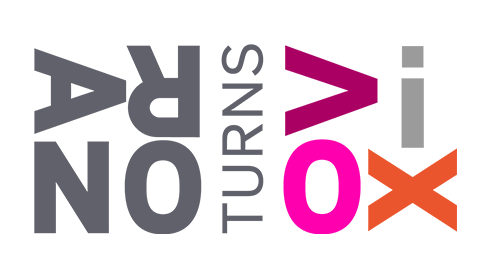 Logo with the text “ARNO TURNS VIOX” in grey, pink and orange.
