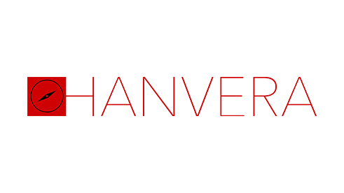 Hanvera logo in red with a compass symbol on a black background.